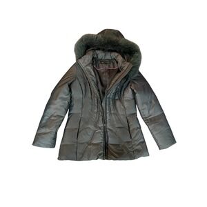 Via Spiga Gray Puffer Coat Faux Fur Hood Quilted Winter Womens Small